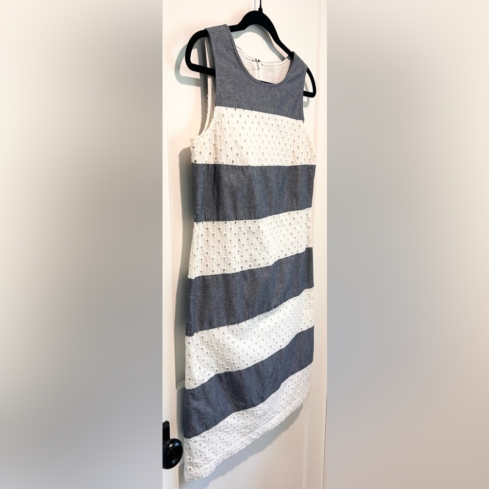 Talbots Petite Eyelet Stripe Shift Dress 8P Blue White Cotton Summer - Picture 4 of 8